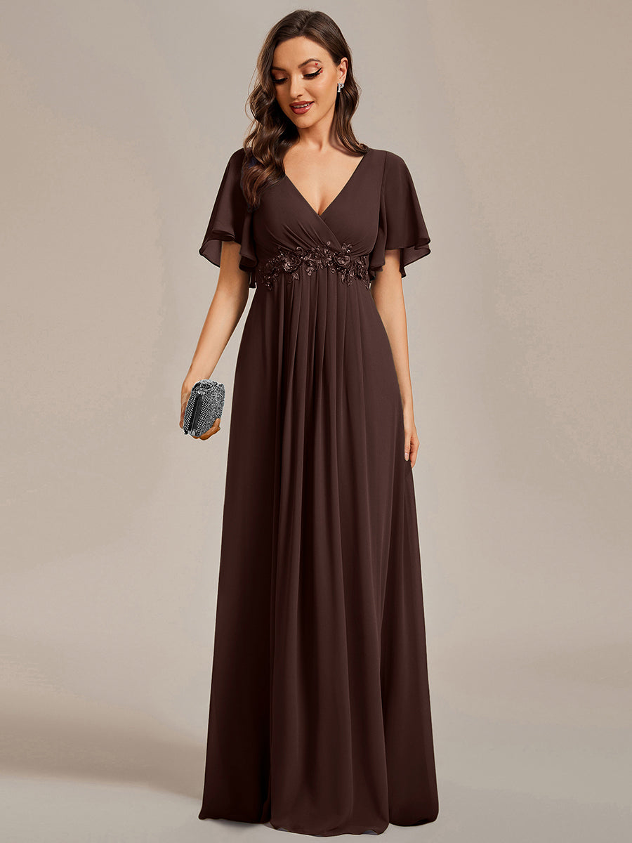 Ruffles Sleeve A-Line Chiffon Waist Applique Maxi Mother of the Bride Dress #color_Chocolate  Brown