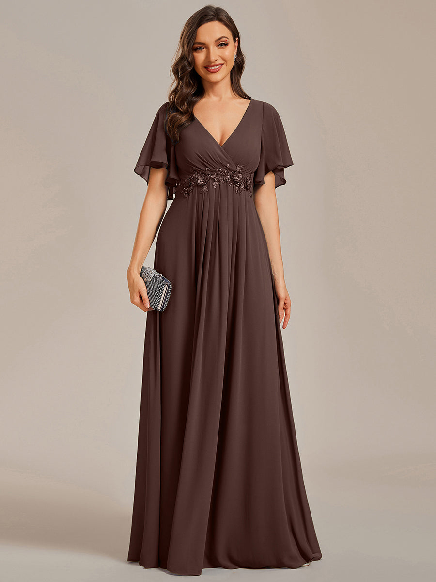 Ruffles Sleeve A-Line Chiffon Waist Applique Maxi Mother of the Bride Dress #color_Chocolate  Brown