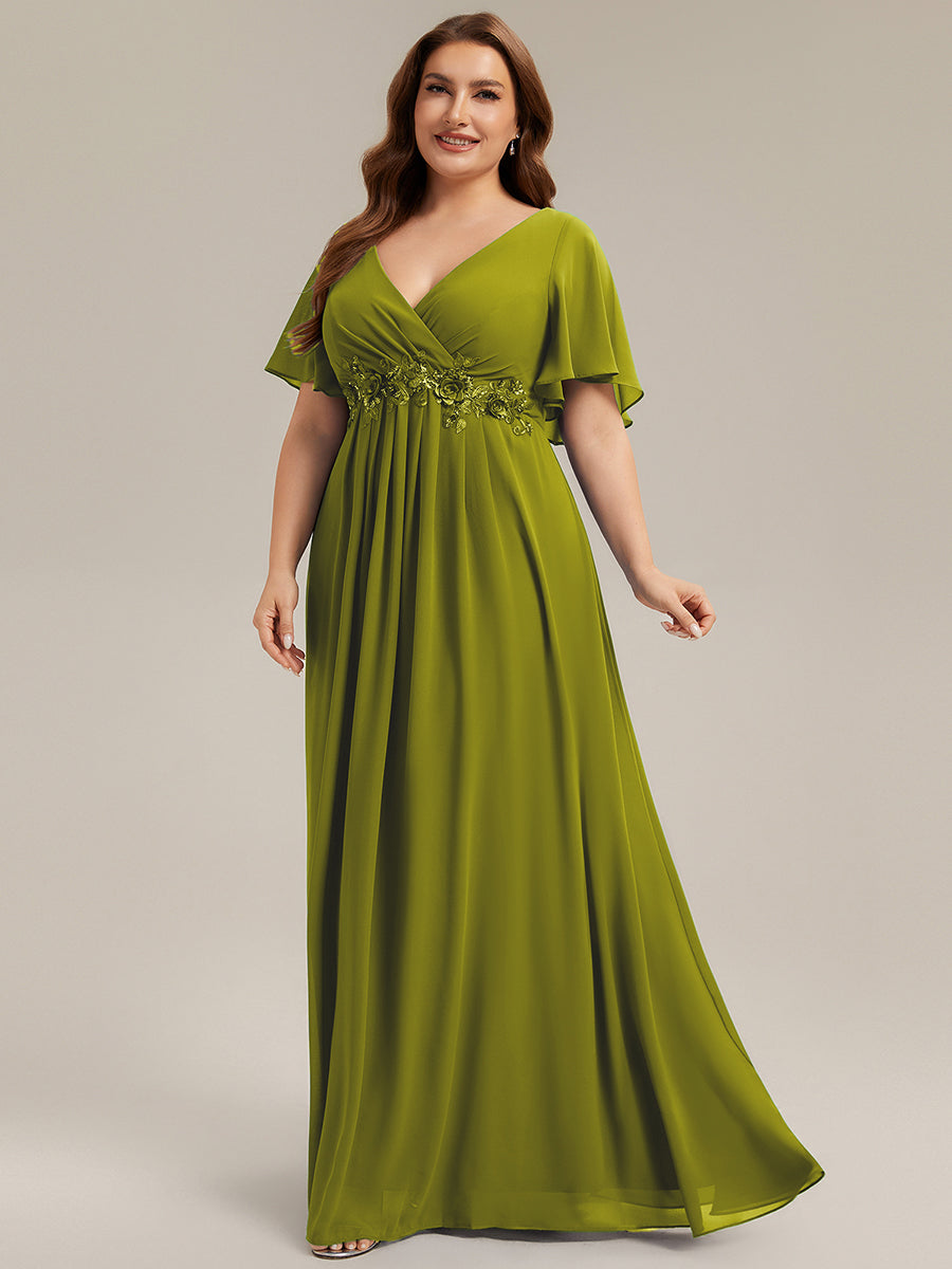 Applique Chiffon Ruffle Sleeve Evening Dress #color_Citron