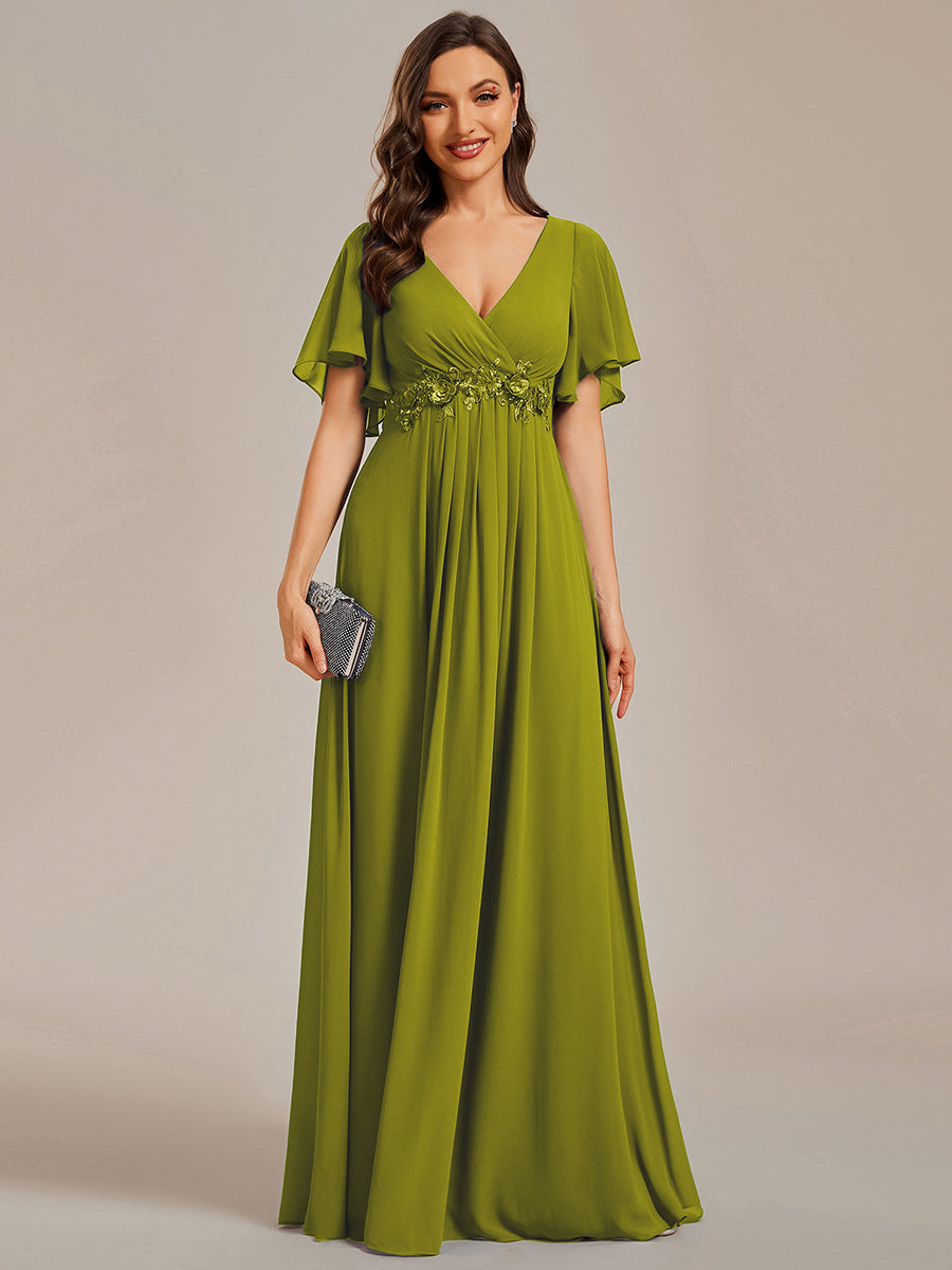 Applique Chiffon Ruffle Sleeve Evening Dress #color_Citron