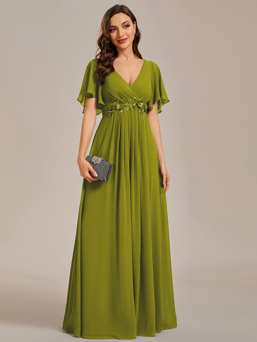 Applique Chiffon Ruffle Sleeve Evening Dress #color_Citron