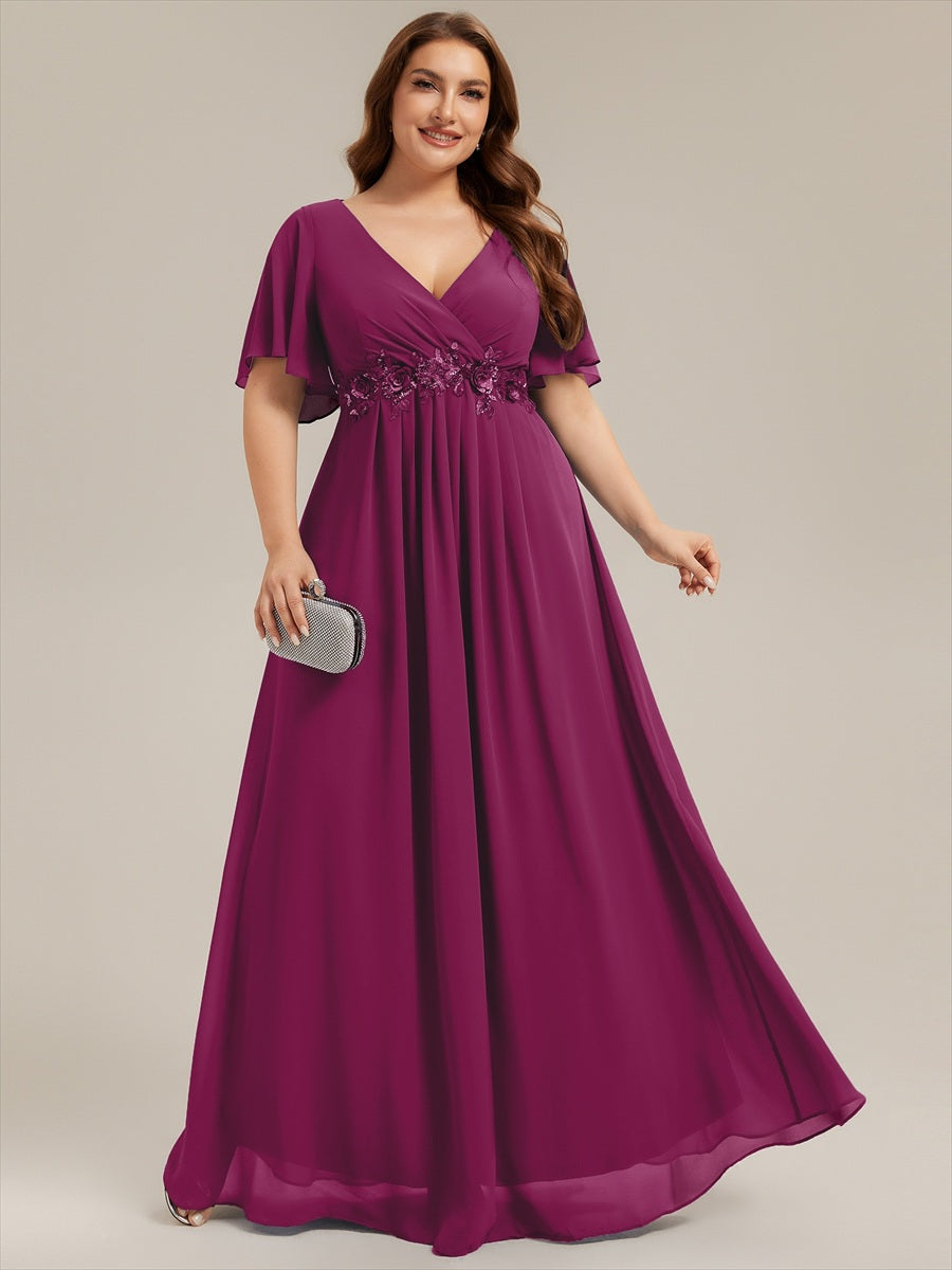 Applique Chiffon Ruffle Sleeve Evening Dress #color_Dusk Rose