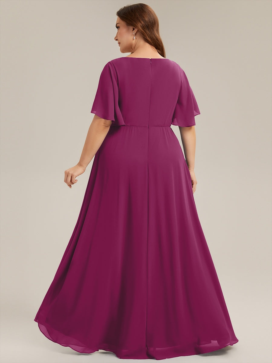 Applique Chiffon Ruffle Sleeve Evening Dress #color_Dusk Rose