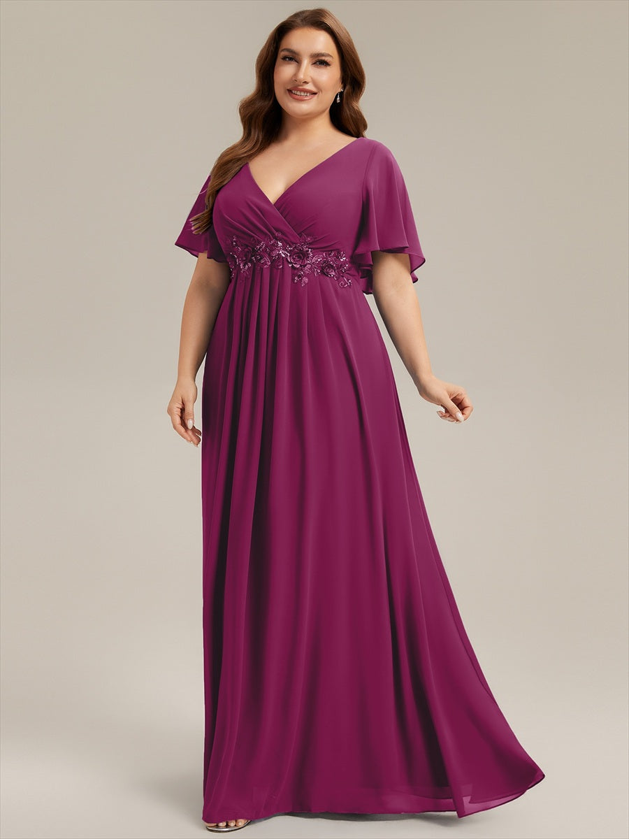 Applique Chiffon Ruffle Sleeve Evening Dress #color_Dusk Rose