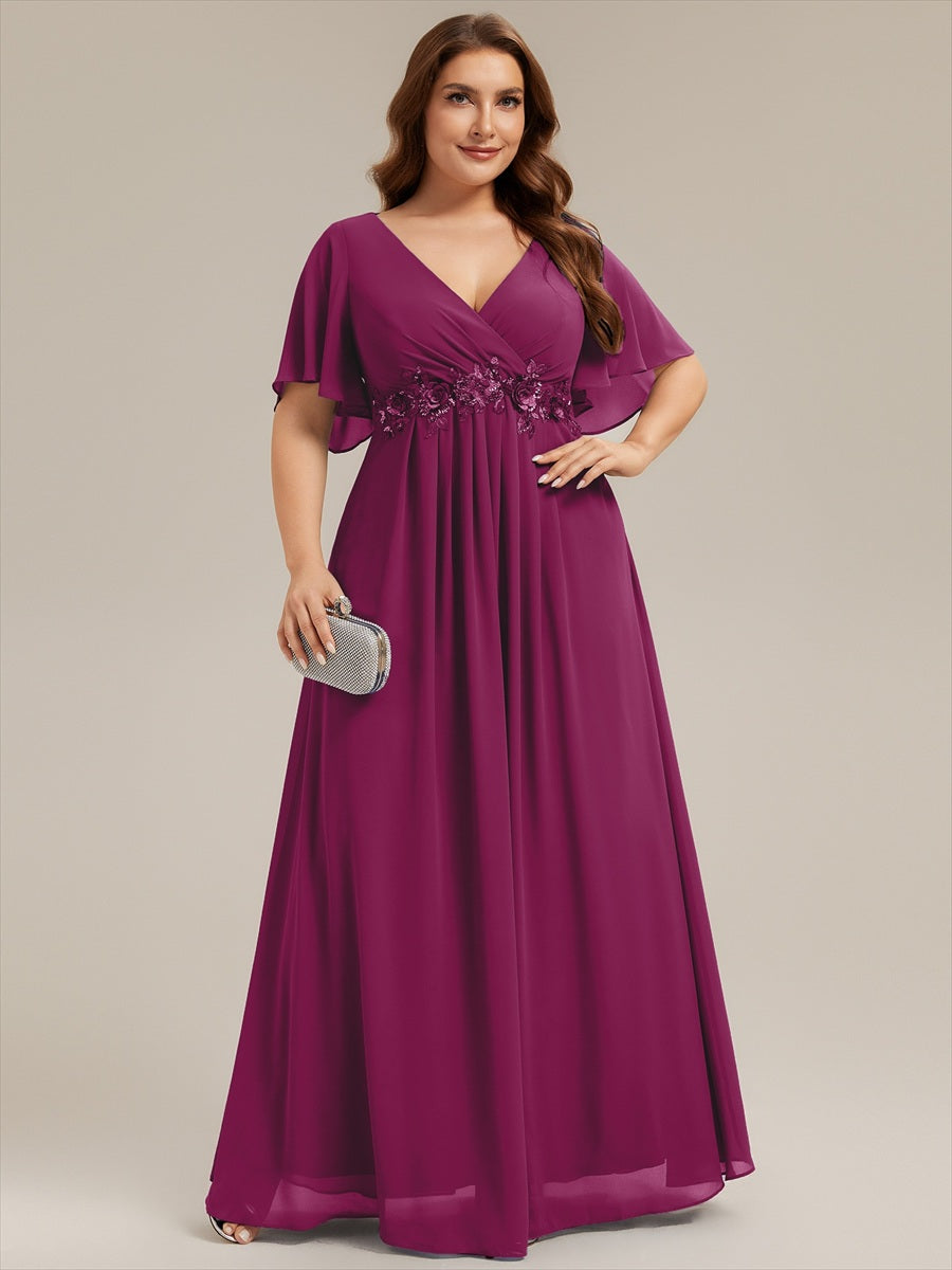 Applique Chiffon Ruffle Sleeve Evening Dress #color_Dusk Rose