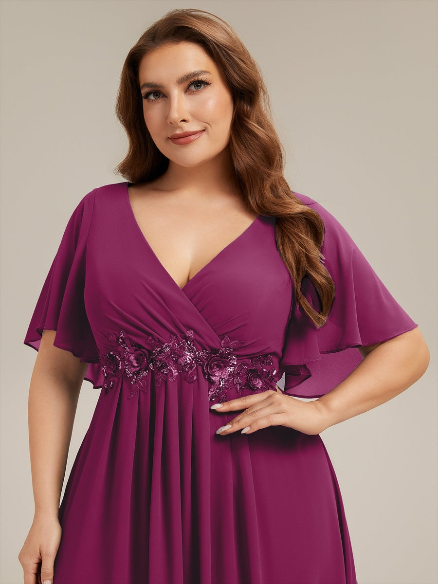 Applique Chiffon Ruffle Sleeve Evening Dress #color_Dusk Rose