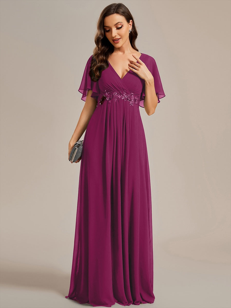 Applique Chiffon Ruffle Sleeve Evening Dress #color_Dusk Rose