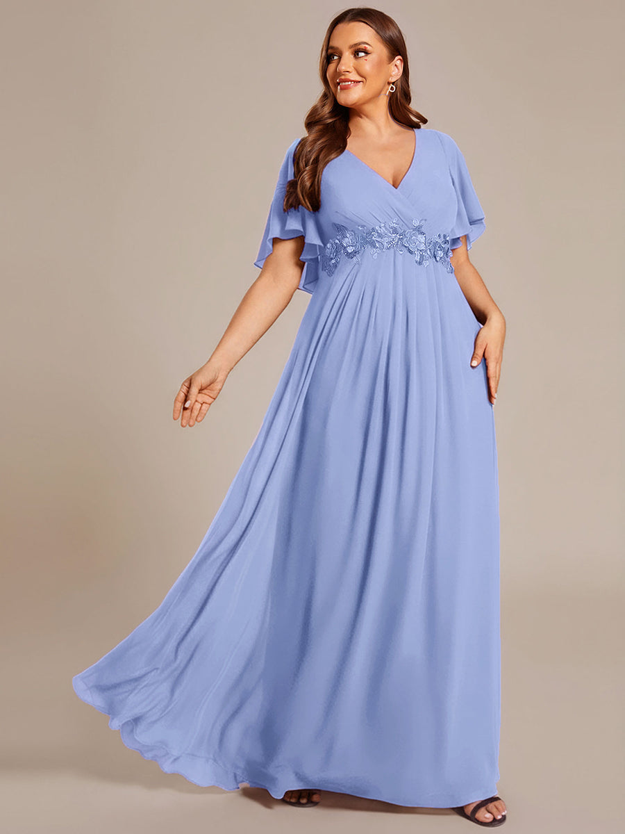 Plus Size Floral Applique Short Sleeve A-Line Chiffon Evening Dress #color_CornflowerBlue
