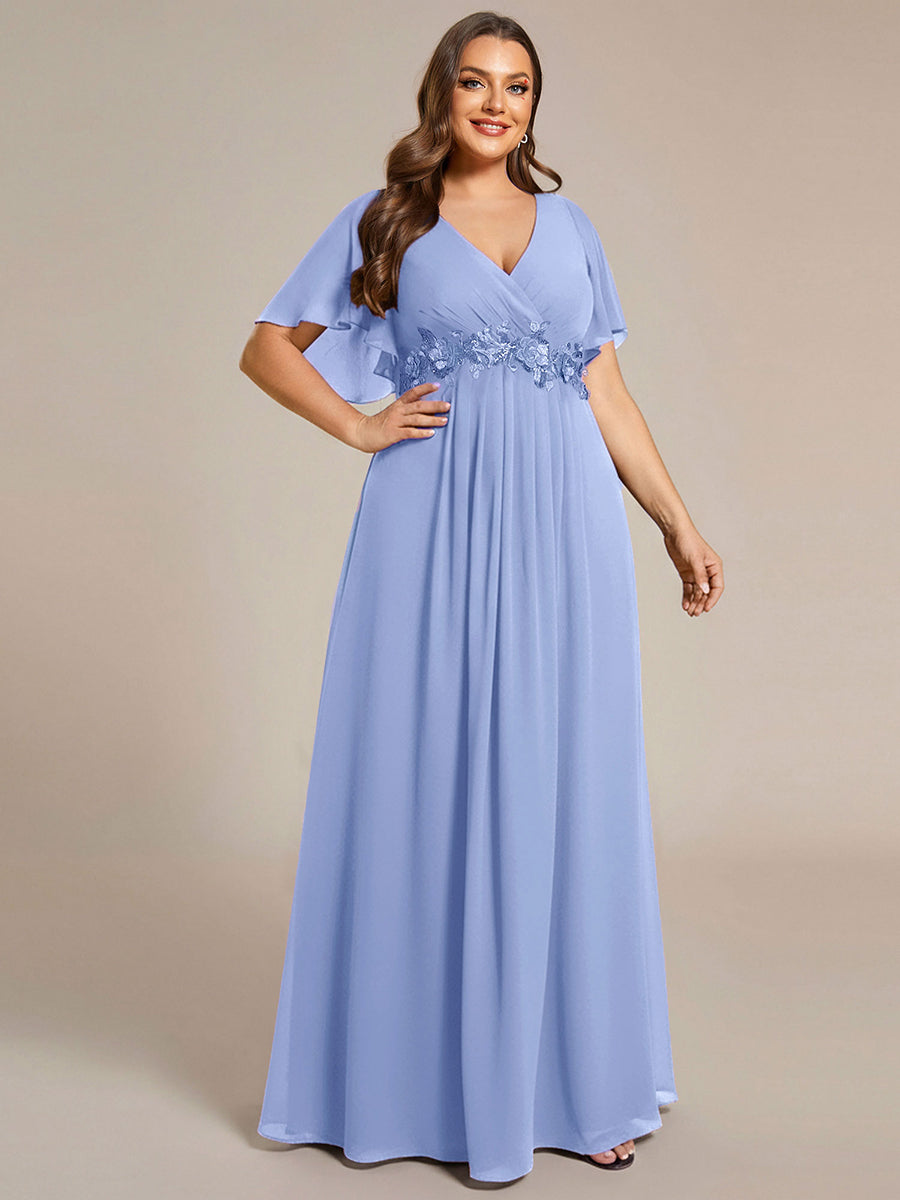 Plus Size Floral Applique Short Sleeve A-Line Chiffon Evening Dress #color_CornflowerBlue