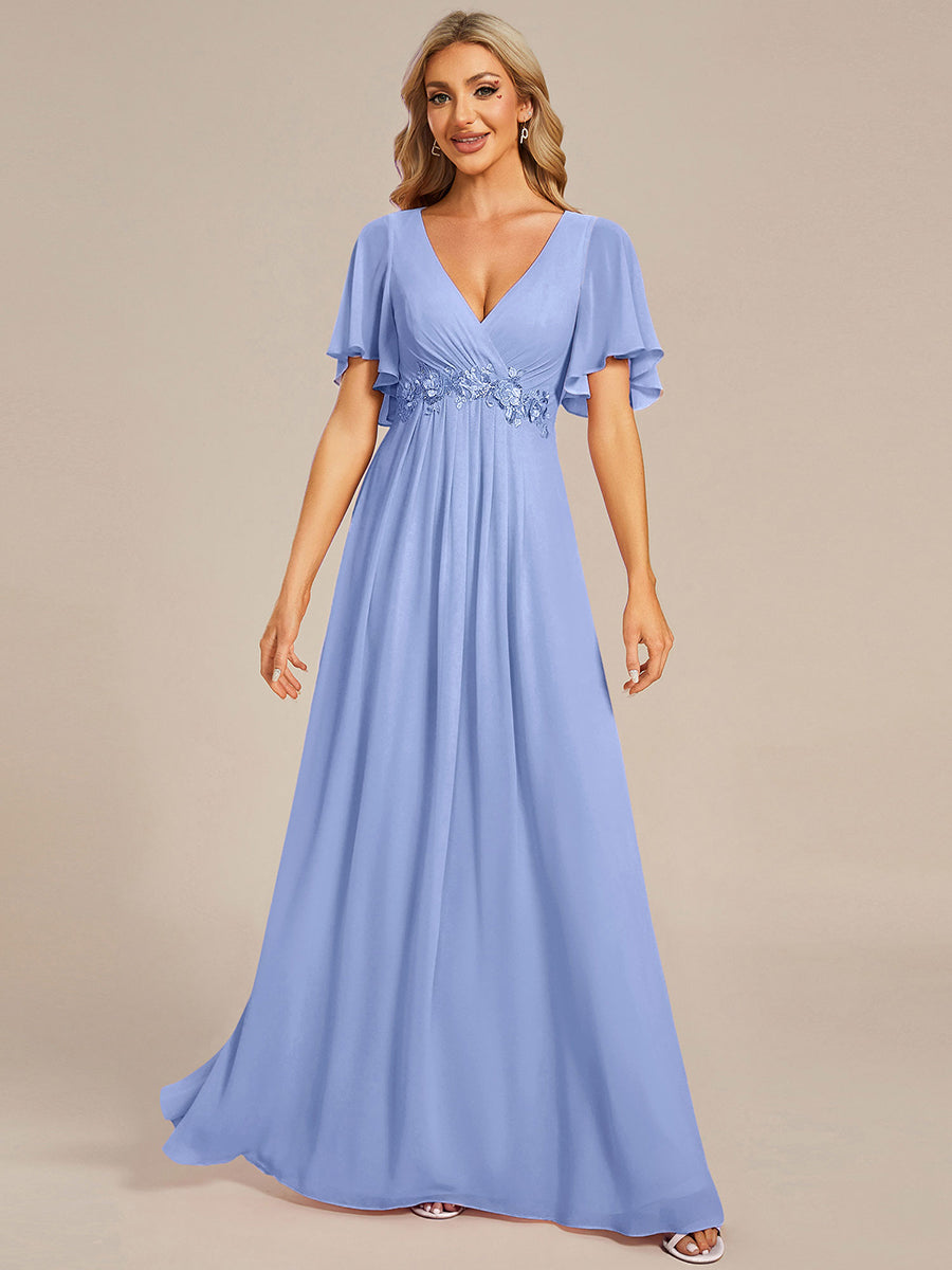 Ruffles Sleeve A-Line Chiffon Waist Applique Maxi Evening Dress #color_CornflowerBlue