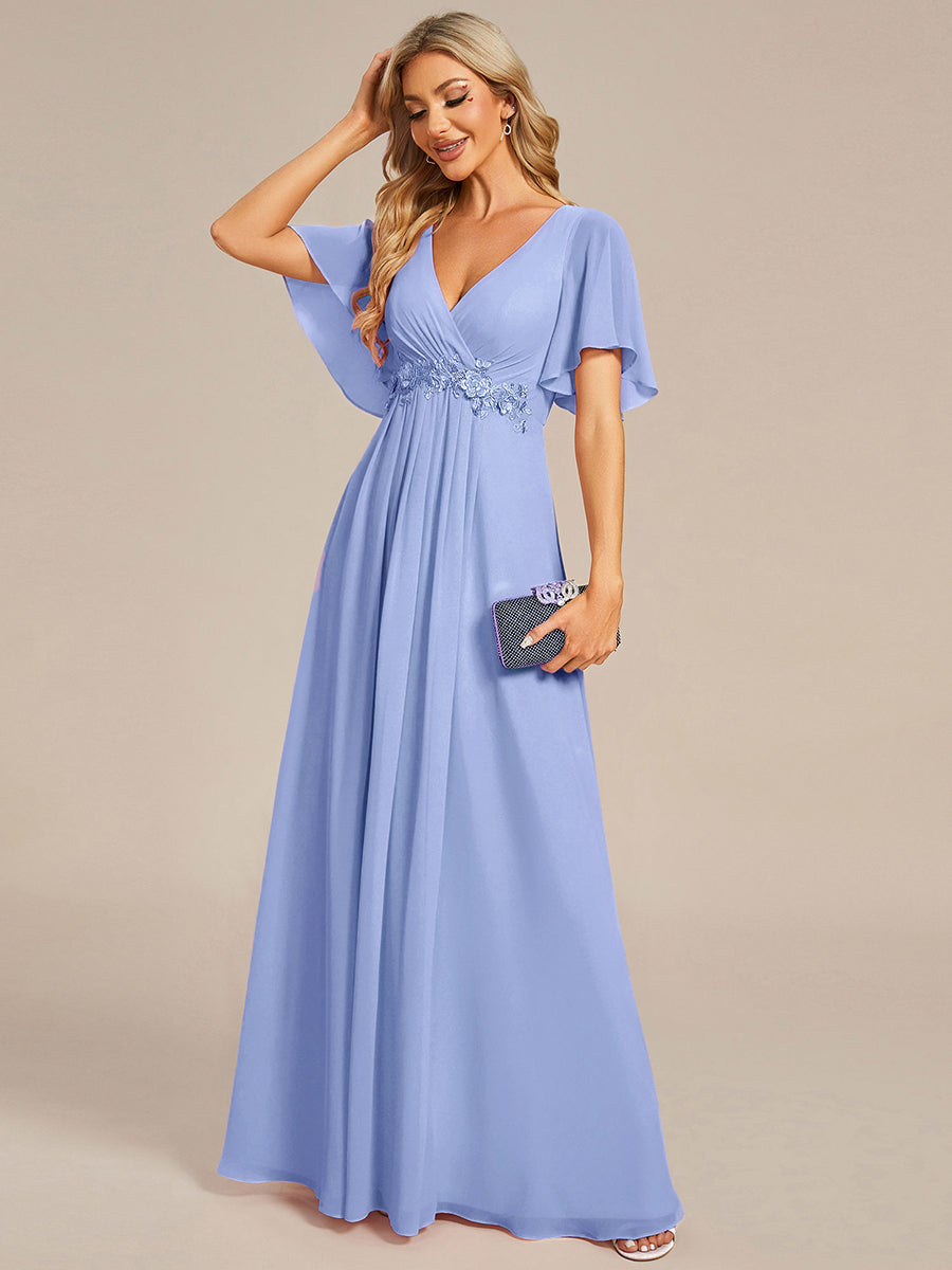 Ruffles Sleeve A-Line Chiffon Waist Applique Maxi Evening Dress #color_CornflowerBlue
