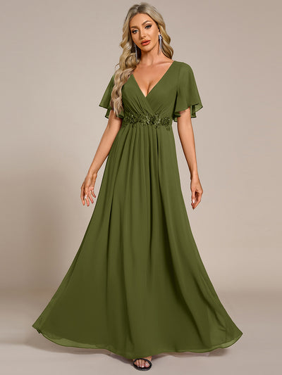 ever IVYROSE|Ruffles Sleeve A-Line Chiffon Waist Applique Maxi Wedding Guest Dress