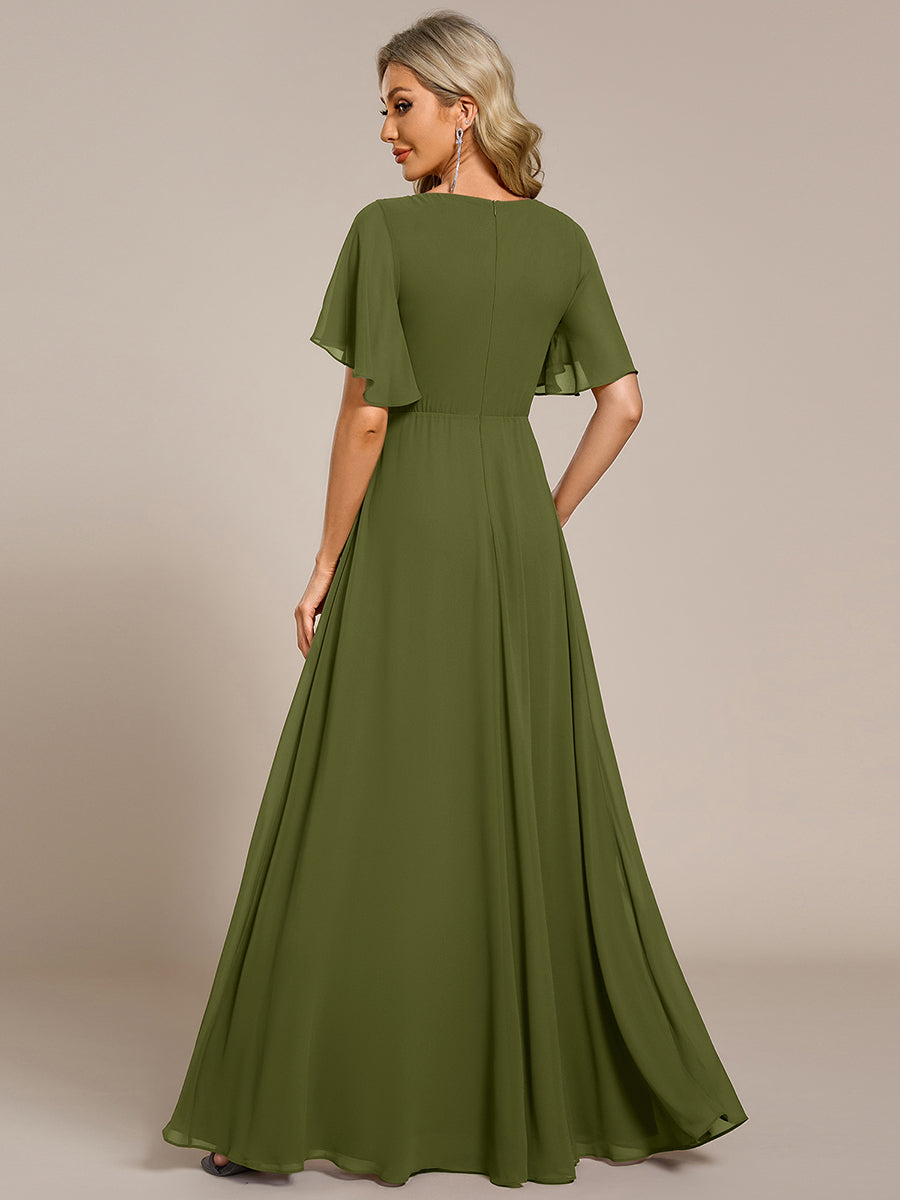 Applique Chiffon Ruffle Sleeve Evening Dress #color_Olive Green