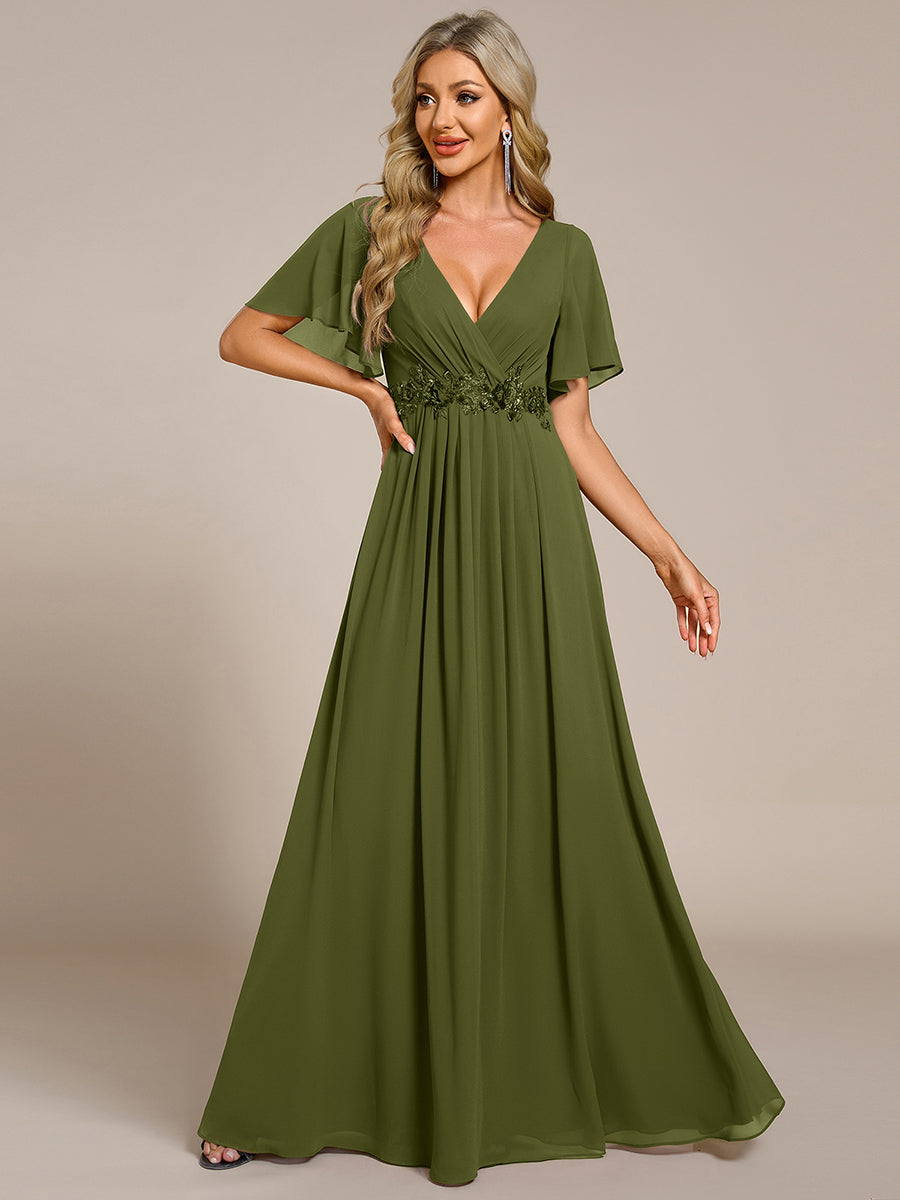 Applique Chiffon Ruffle Sleeve Evening Dress #color_Olive Green