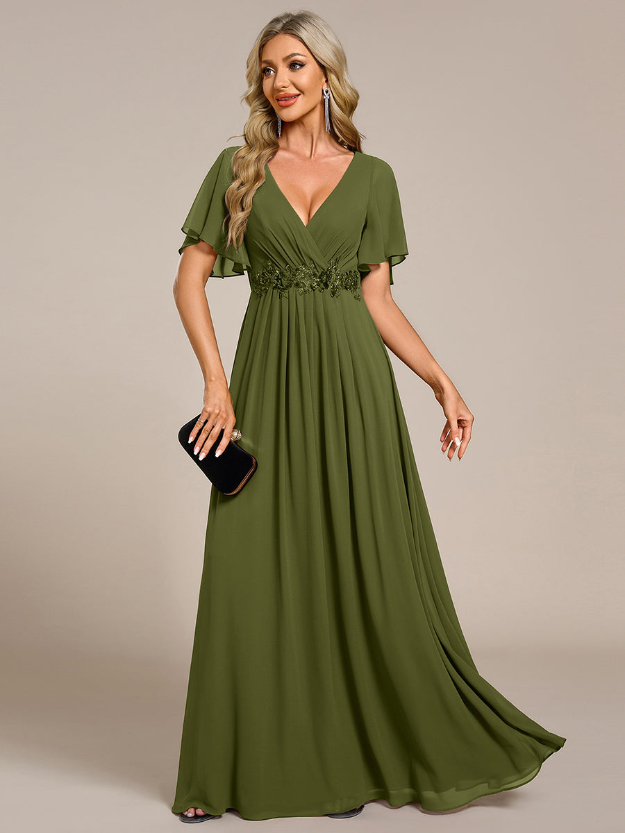 Applique Chiffon Ruffle Sleeve Evening Dress #color_Olive Green