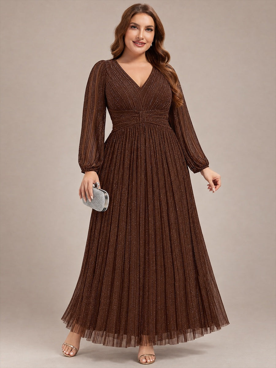 Sequin Long Lantern Sleeves Maxi Wedding Guest Dress #color_Chocolate Brown