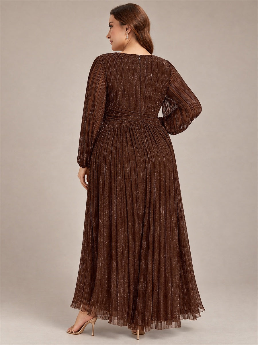 Sequin Long Lantern Sleeves Maxi Wedding Guest Dress #color_Chocolate Brown