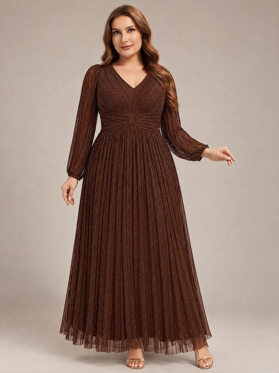 Sequin Long Lantern Sleeves Maxi Wedding Guest Dress #color_Chocolate Brown