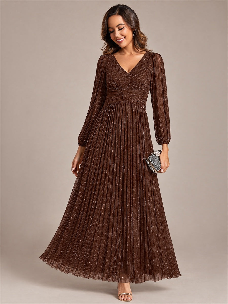 Sequin Long Lantern Sleeves Maxi Wedding Guest Dress #color_Chocolate Brown
