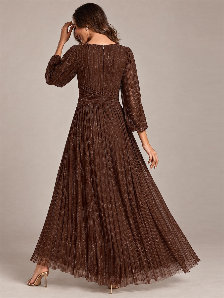 Glittery Empire Waist Long Lantern Sleeves A-Line Evening Dress #color_Chocolate Brown