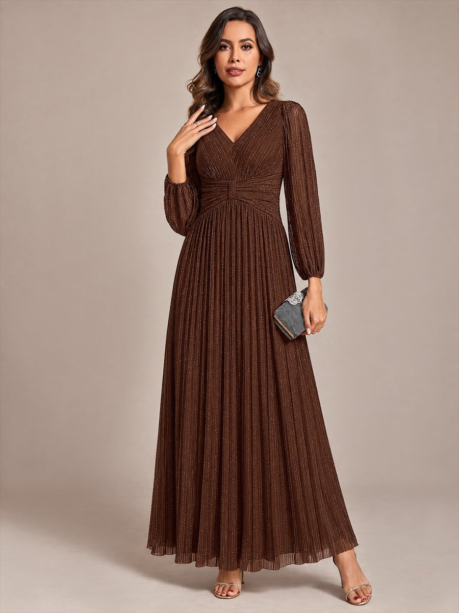 Sequin Long Lantern Sleeves Maxi Wedding Guest Dress #color_Chocolate Brown