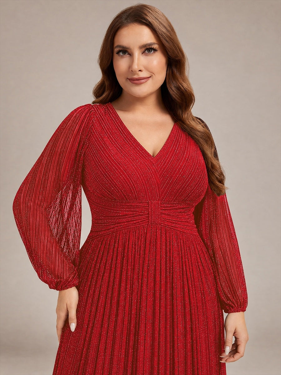 Glittery Empire Waist Long Lantern Sleeves A-Line Evening Dress #color_Red