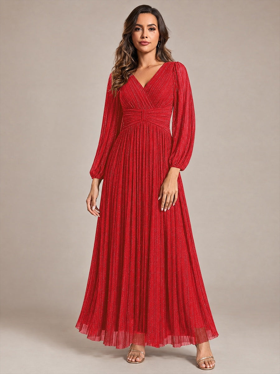 Sequin Long Lantern Sleeves Maxi Wedding Guest Dress #color_Red