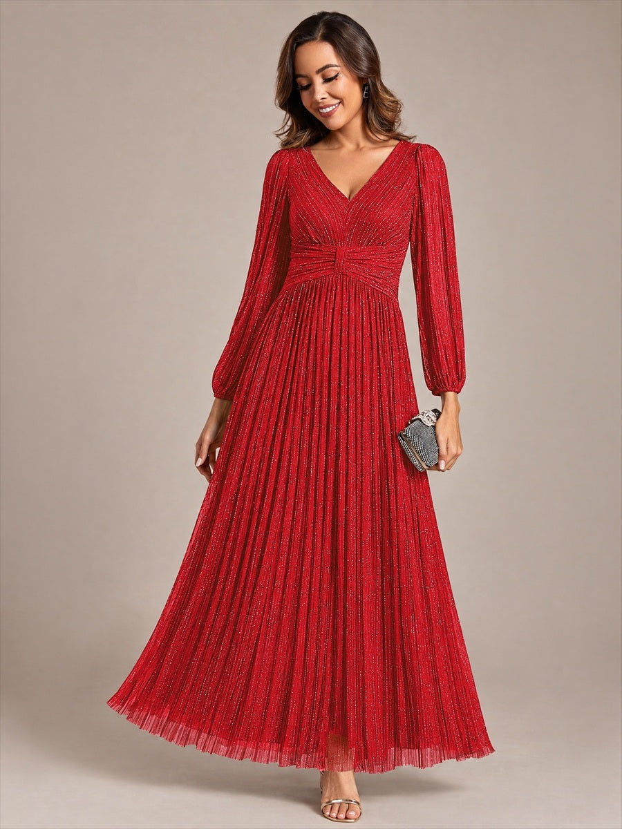 Sequin Long Lantern Sleeves Maxi Wedding Guest Dress #color_Red