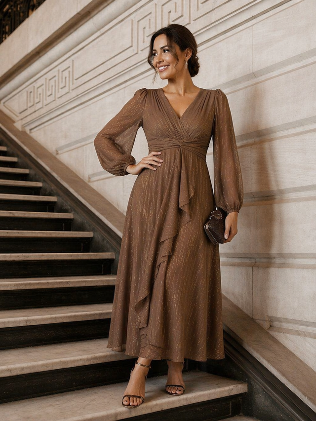 ever EMBER|See-Through Long Sleeve Twist Knot A-Line Lotus Leaf Shimmering Evening Dress Fan Photos 2
