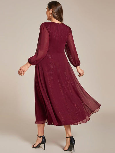 Plus Size Twist Knot Louts Leaf Long Sleeve A-Line Evening Dress #color_Burgundy