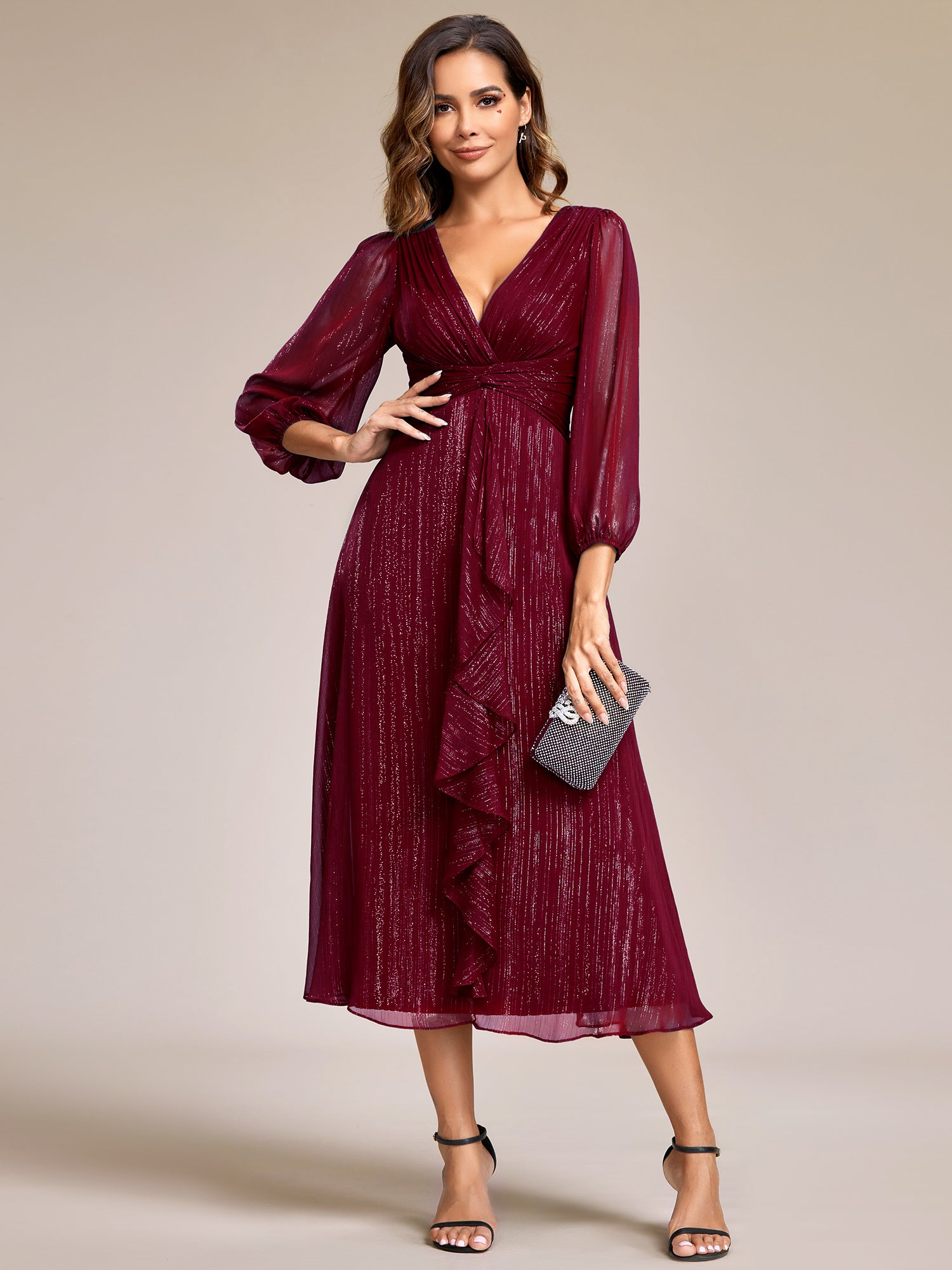 Glitter Twist Knot See-Through Long Sleeve Wedding Guest Dress #color_Burgundy