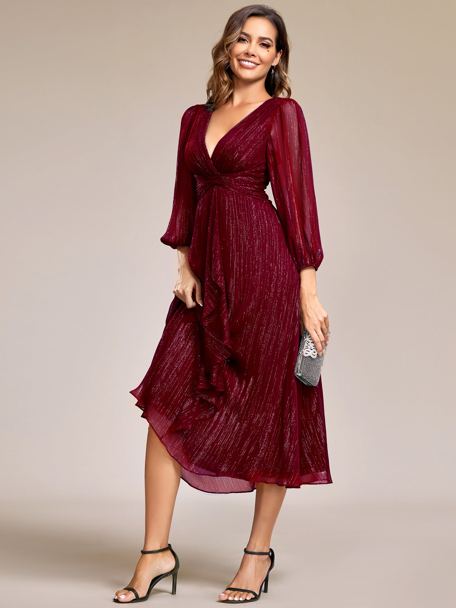 See-Through Long Sleeve Twist Knot A-Line Lotus Leaf Shimmering Evening Dress #color_Burgundy
