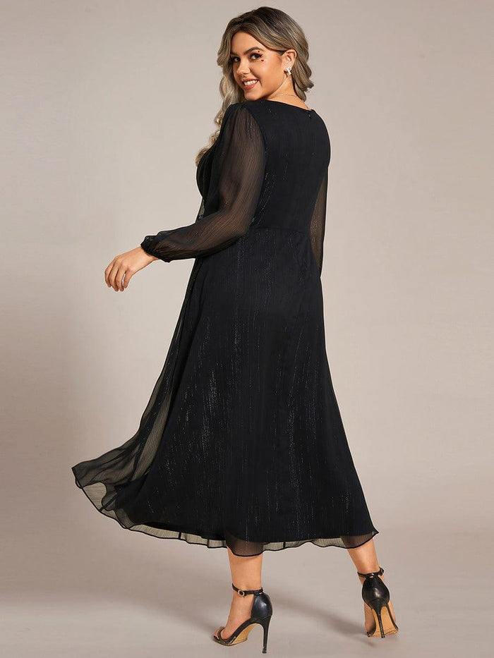 Romantic A-Line Deep V-Neck Puff Sleeve Back Zip Glitter Tulle High-Slit Midi Evening Dress