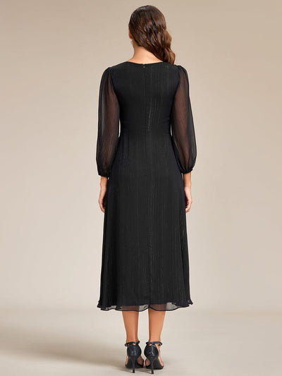 See-Through Long Sleeve Twist Knot A-Line Lotus Leaf Shimmering Evening Dress #color_Black
