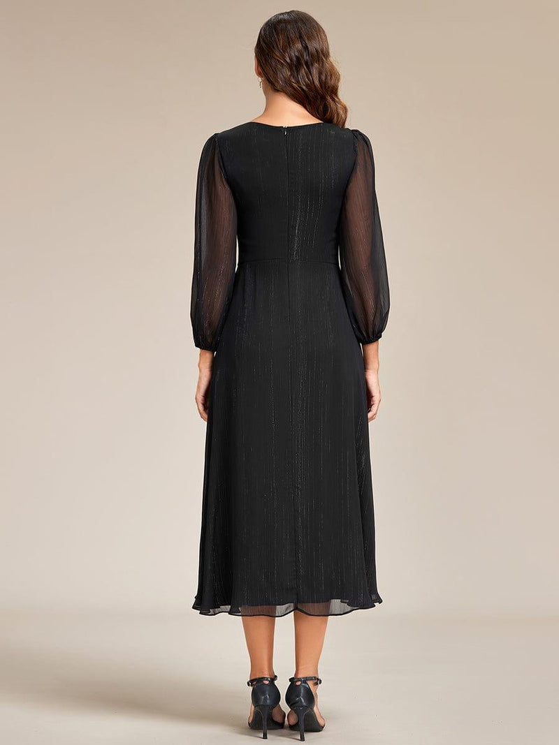 Flowy Glitter V-Neck Long Sleeve Twist Knot A-Line Midi Evening Dress ...
