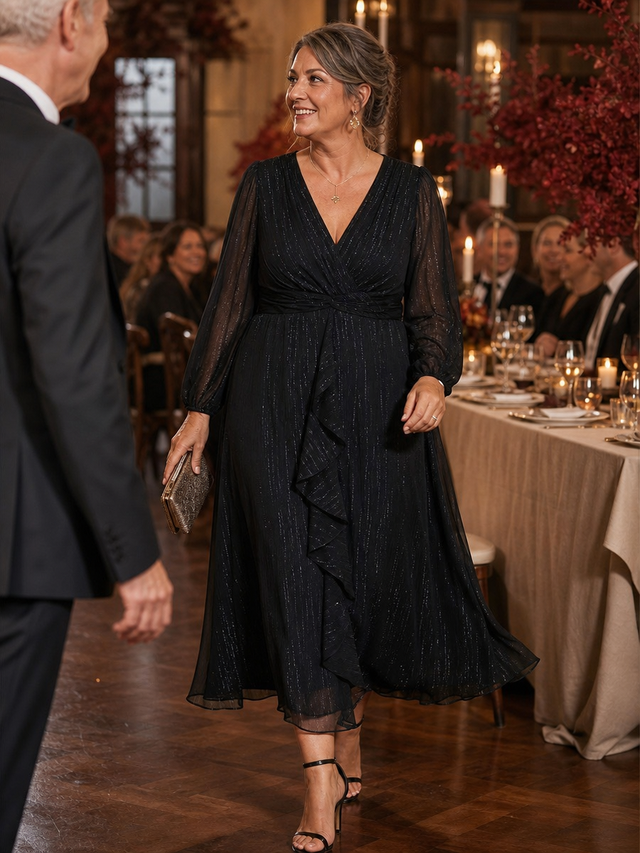 ever EMBER|See-Through Long Sleeve Twist Knot A-Line Lotus Leaf Shimmering Evening Dress Fan Photos 10
