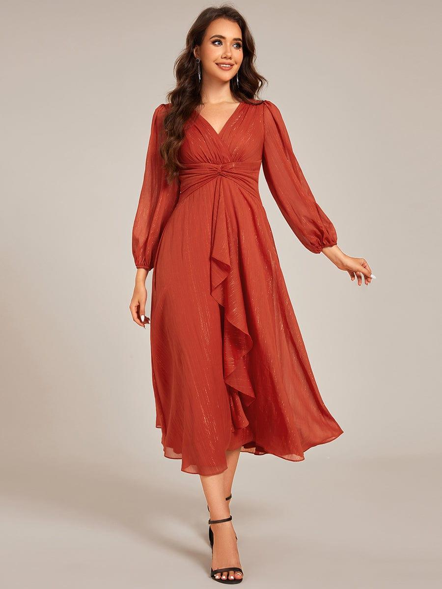 Long Sleeve A-Line Shimmering Evening Dress #color_Burnt Orange