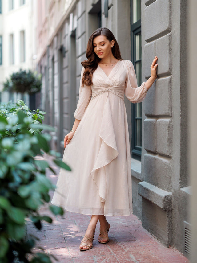 ever EMBER|See-Through Long Sleeve Twist Knot A-Line Lotus Leaf Shimmering Evening Dress Fan Photos 8
