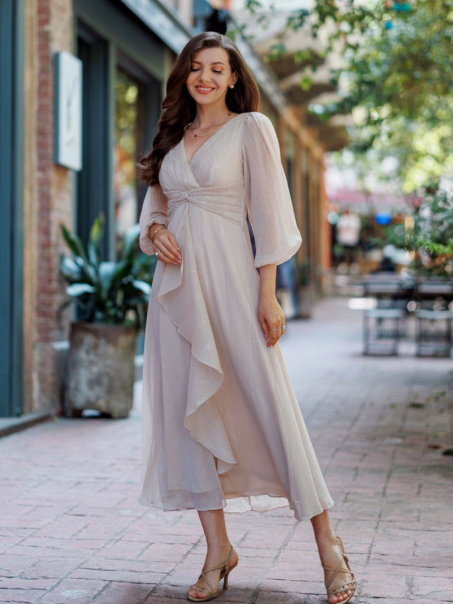 ever EMBER|See-Through Long Sleeve Twist Knot A-Line Lotus Leaf Shimmering Evening Dress Fan Photos 16
