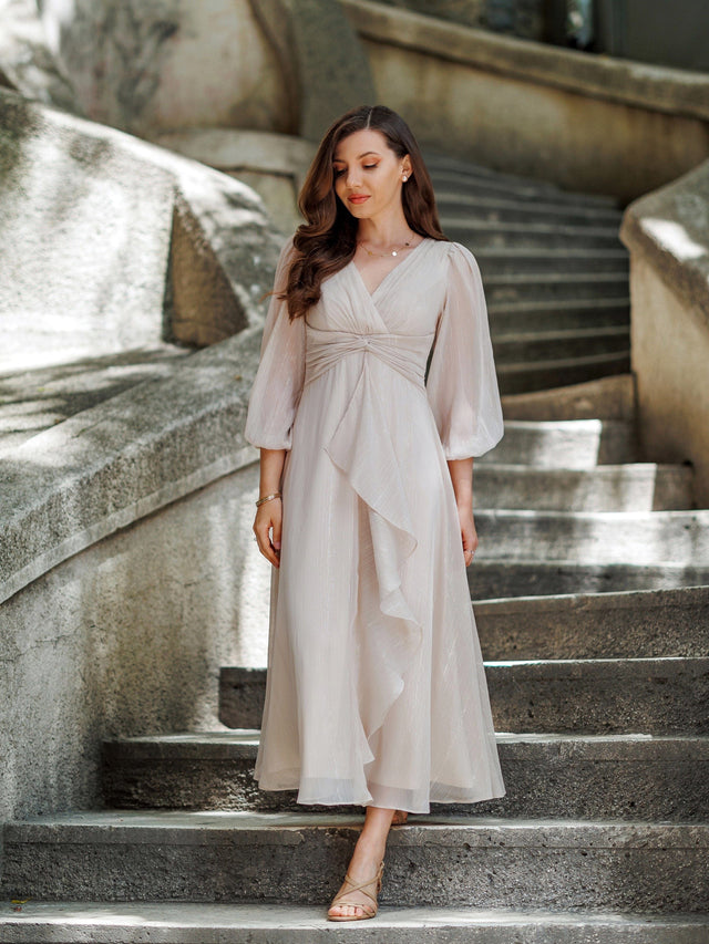 ever EMBER|See-Through Long Sleeve Twist Knot A-Line Lotus Leaf Shimmering Evening Dress Fan Photos 17
