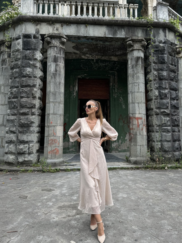 ever EMBER|See-Through Long Sleeve Twist Knot A-Line Lotus Leaf Shimmering Evening Dress Fan Photos 18

