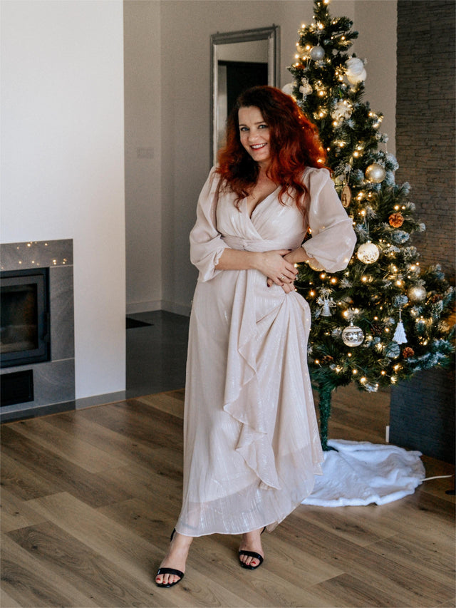 ever EMBER|See-Through Long Sleeve Twist Knot A-Line Lotus Leaf Shimmering Evening Dress Fan Photos 3

