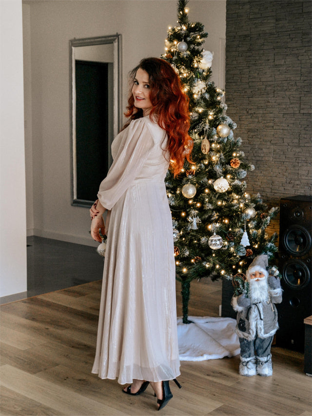 ever EMBER|See-Through Long Sleeve Twist Knot A-Line Lotus Leaf Shimmering Evening Dress Fan Photos 4
