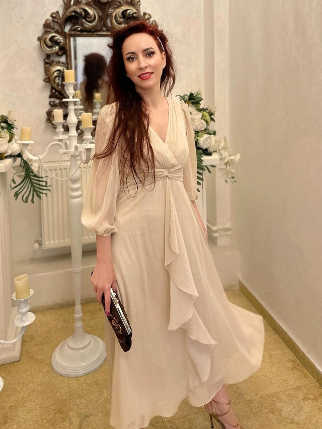 ever EMBER|See-Through Long Sleeve Twist Knot A-Line Lotus Leaf Shimmering Evening Dress Fan Photos 9
