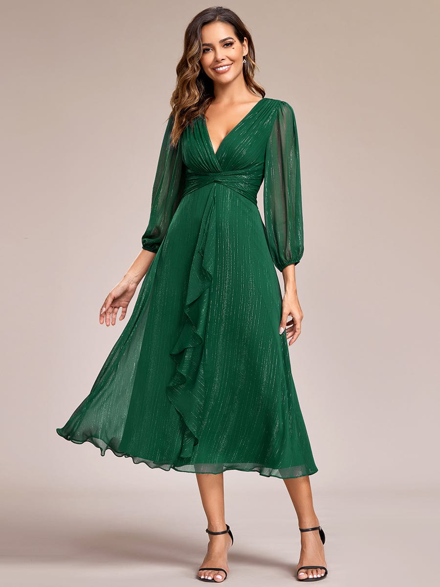 See-Through Long Sleeve Twist Knot A-Line Lotus Leaf Shimmering Evening Dress #color_Dark Green
