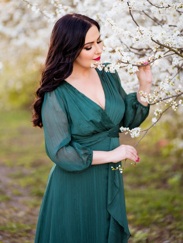 ever EMBER|See-Through Long Sleeve Twist Knot A-Line Lotus Leaf Shimmering Evening Dress Fan Photos 14
