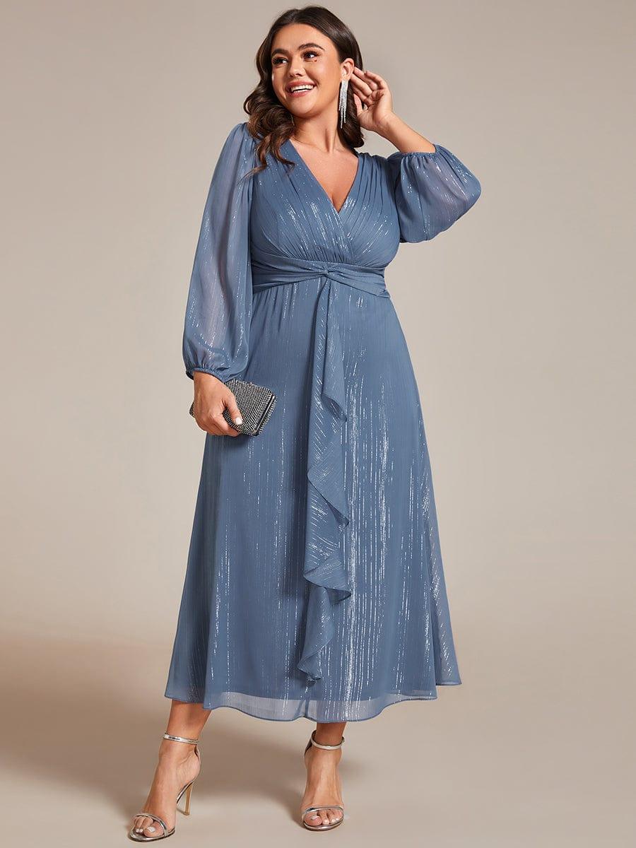 See-Through Long Sleeve Twist Knot A-Line Lotus Leaf Shimmering Evening Dress #color_Dusty Blue