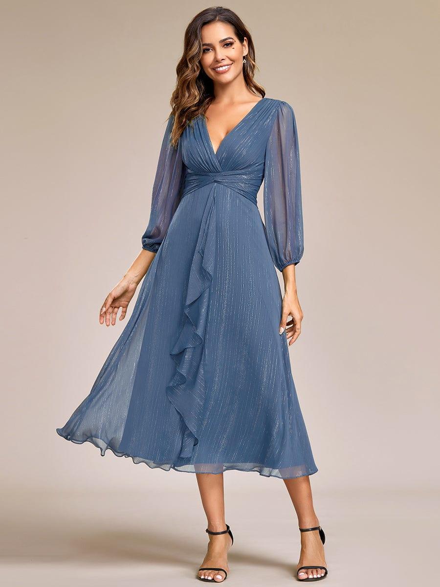See-Through Long Sleeve Twist Knot A-Line Lotus Leaf Shimmering Evening Dress #color_Dusty Blue