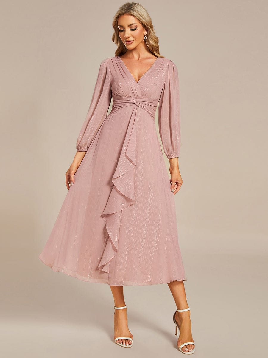See-Through Long Sleeve Twist Knot A-Line Lotus Leaf Shimmering Evening Dress #color_Dusty Rose