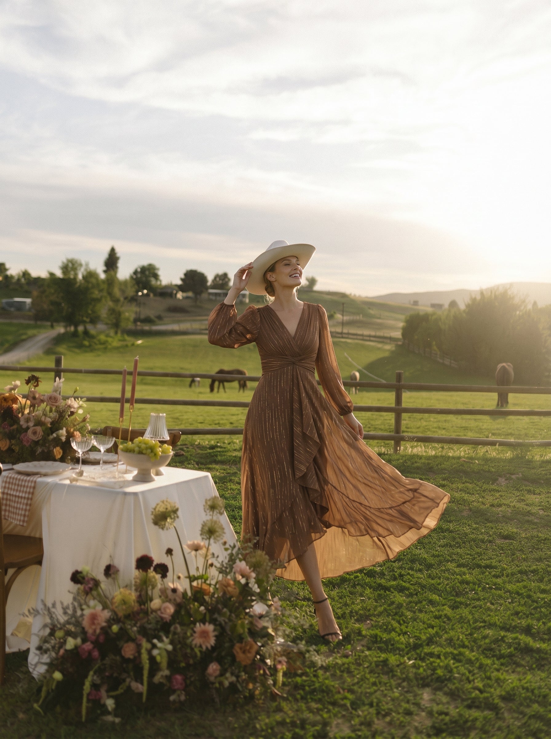 See-Through Long Sleeve Twist Knot A-Line Lotus Leaf Shimmering Evening Dress #color_Brown